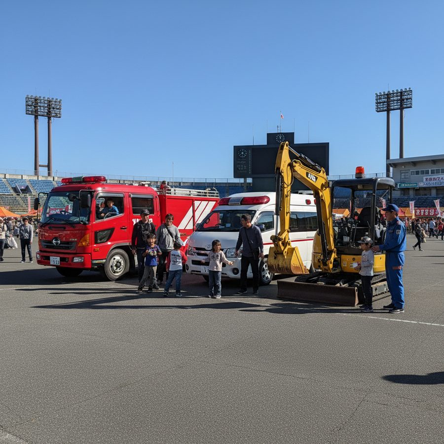 JOB TOWNのイメージ。駐車場に並ぶ消防車・救急車・重機