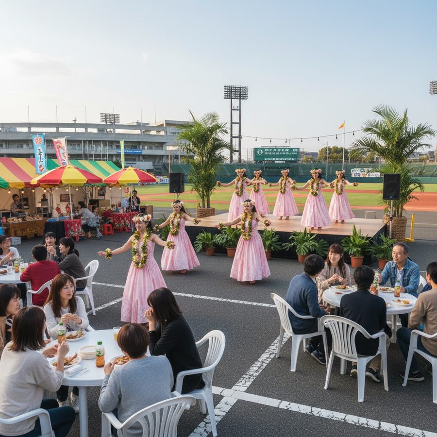 プメハナステージエリアのイメージ。フラダンスと食事を楽しむ来場者