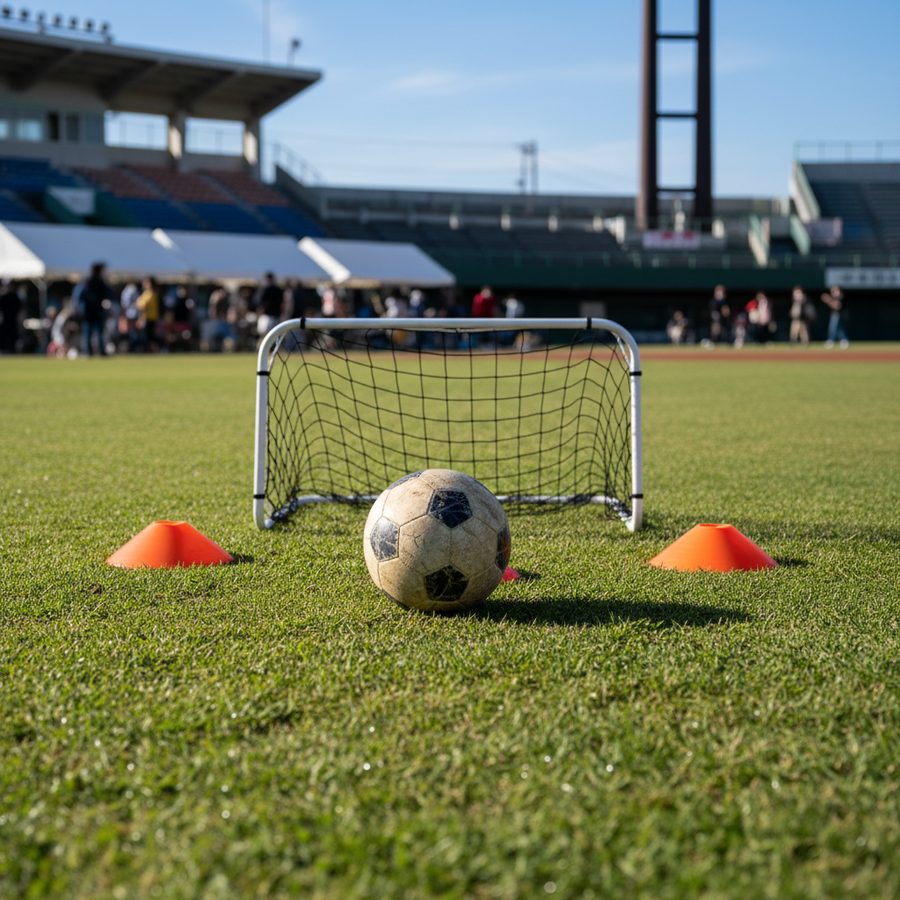 スポーツエリアのイメージ。芝生のサッカーボールとゴール