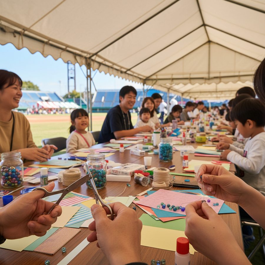 クラフト&ワークショップエリアのイメージ。テントの下で工作する様子